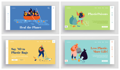 Volunteers Collecting Garbage Website Landing Page Set. People Saving Planet Ecology from Pollution Cleaning Water and Ground from Litter and Wastes Web Page Banner. Cartoon Flat Vector Illustration