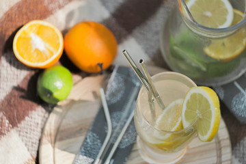Close up preparing ice cocktail lemonade at hot summer day. Metal straw. Eco friendly picnic on  meadow.  Reusable 