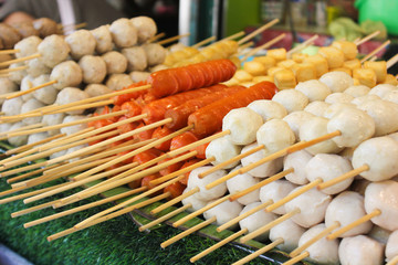 meatballs with bamboo, wood stick. Traditional Street Food Thailand.