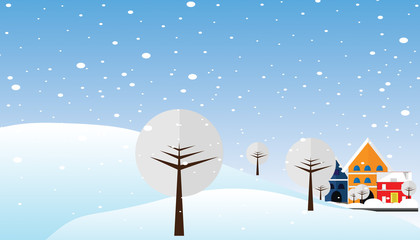 Wood house and Winter Hill Landscape Background. Flat Vector Illustration.