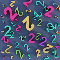 Colorful number two (2) in various sizes scattered chaotically on background 3d rendering, 3d illustration; top perspective view