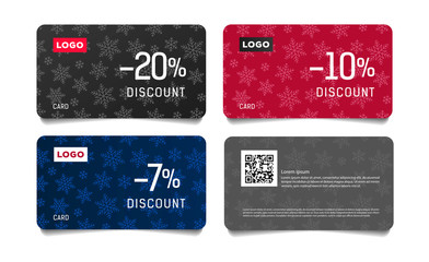 Set of Christmas or winter dicount cards with snowflakes pattern and percent numbers, simple and stylish graphic