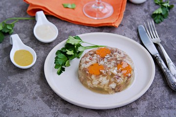 Cold appetizer, portioned jelly of pork, beef and chicken on a white clay plate on a gray concrete background. Holiday snacks for New Year. Russian cuisine. Selective focus.