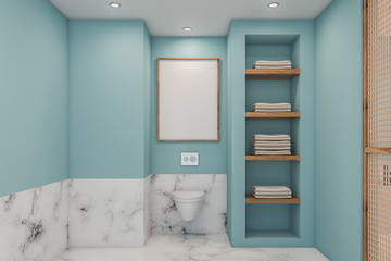 White marble and blue bathroom with toilet