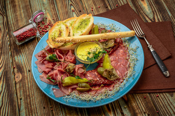 sausageraw smoked meat dump jerky pepperoni sausage, healthy and tasty food.