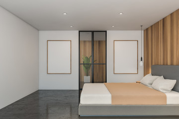 White and wooden master bedroom with posters