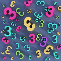 Colorful number three (3) in various sizes scattered chaotically on background 3d rendering, 3d illustration; top perspective view with shadows