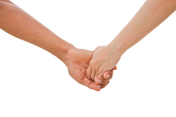 Friendship and love concept between man and woman - holding a man's hand by a girl's hand isolated on white background.