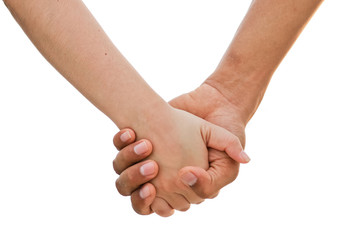 Friendship and love concept between man and woman - holding a man's hand by a girl's hand isolated on white background.