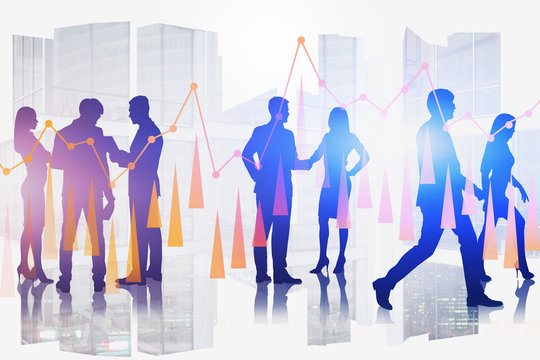 Business people in modern city, digital charts