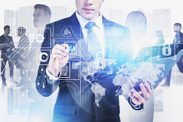 Man and team working with infographic interface