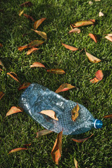 Blue plastic bottle on the grass. Dry leaves, lawn, pollution. Single use plastic, PET, environment.