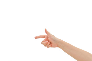female hand touching or pointing to something isolated on white background. Close up. 