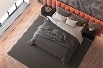 Fototapeta premium Top view of gray and pink bedroom