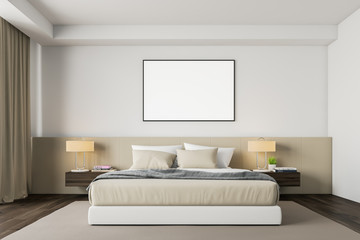 White and beige bedroom interior with poster