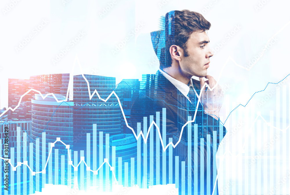 Poster pensive trader in city, digital chart