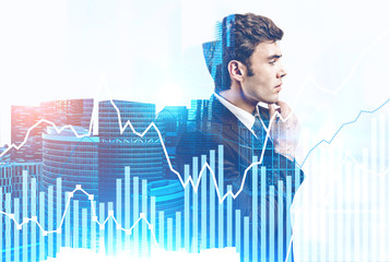 Pensive trader in city, digital chart