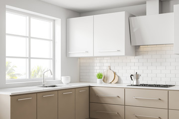 White and beige kitchen corner with countertops