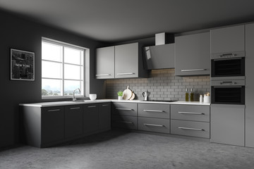 Dark gray kitchen corner, counters and picture