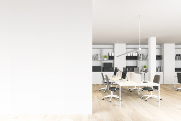 White open space office with mock up wall