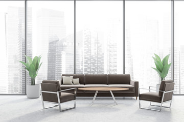 Fototapeta premium Panoramic office waiting room with brown sofa