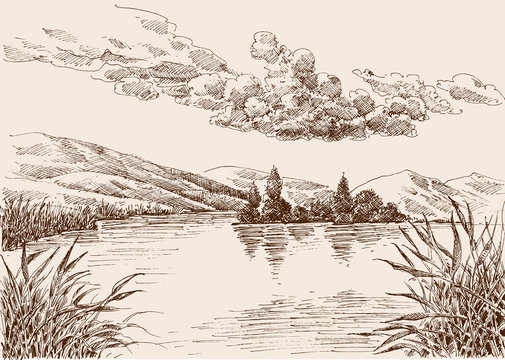 Lake Landscape Sketch, Water Vegetation And Cloudy Sky Hand Drawing