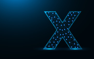 Letter X low poly design, alphabet abstract geometric image, font wireframe mesh polygonal vector illustration made from points and lines on dark blue background