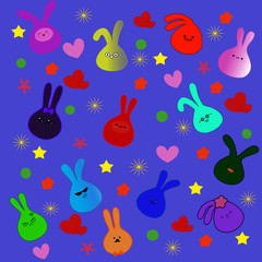 Seamless pattern with cute colorful rabbit on purple background,  Animal Background for Kids