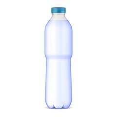 Naklejka premium Mockup Plastic Clean Bottle Full, Filled With Blue Cap. Soft Drink. Disposaple. Mock Up Template. Illustration Isolated On White Background. Ready For Your Design. Product Packaging. Vector EPS10