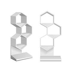 Mockup Hexagonal Retail Shelves Floor Display Rack For Supermarket Blank Empty. Cell. Cardboard . Mock Up. 3D On White Background Isolated. Ready For Your Design. Product Advertising. Vector EPS10