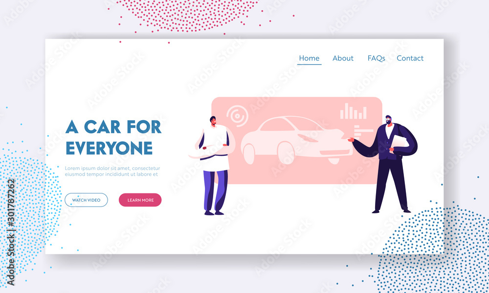 Poster automobile development and creation website landing page. couple of engineers or designers presentin