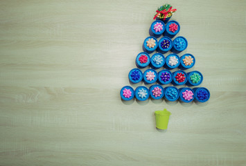 Christmas background, Merry Christmas greeting card idea with decorative of colorful gifts box Christmas tree pattern