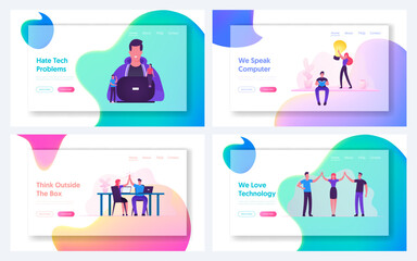 Coding Work and Highfive Website Landing Page Set. Programmer Coder Developing Software for Computer or Mobile App , Business People Celebrate Success Web Page Banner. Cartoon Flat Vector Illustration - obrazy, fototapety, plakaty