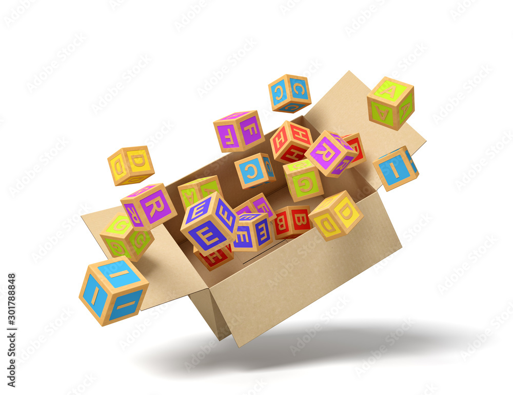 Poster 3d rendering of cardboard box full of abc blocks in mid-air.