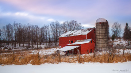 Red barn with snow