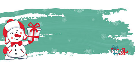 New Year, Christmas vector banner with a snowman and gifts