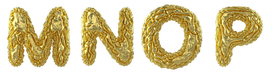 Obraz premium Realistic 3D letters set M, N, O, P made of crumpled foil. Collection symbols of crumpled gold foil isolated on white background.