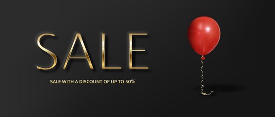Gold calligraphic text, black realistic balloons. Graphic design elements for flyer, sale promo.
