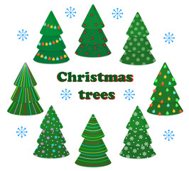 Set of New Year's decorated Christmas trees. Paper cut