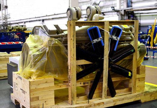 Belarus, Zhodino region, Belaz plant 28.09.2019:  Diesel engine Сummins KTA-50-C with a two huge turbines Holset in the warehouse automotive factory for the production of large mining trucks.