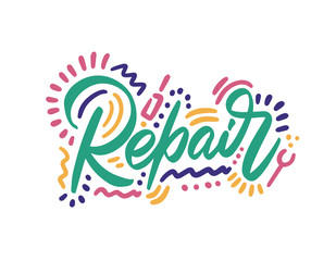 Vector logo design template and hand-lettering illustration in simple linear style - repair.
