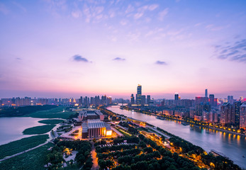 aerial view of  Wuhan city at night.Panoramic skyline and buildings beside yangtze river
