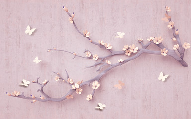 3d mural wallpaper design with render flower and tree branch . butterfly and wooden background
