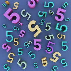 Colorful number five (5) in various sizes scattered chaotically on background 3d rendering, 3d illustration; top view