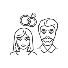 Marriage black line icon. Find love in dating site. Happy couple and rings. Sign for web page, mobile app.