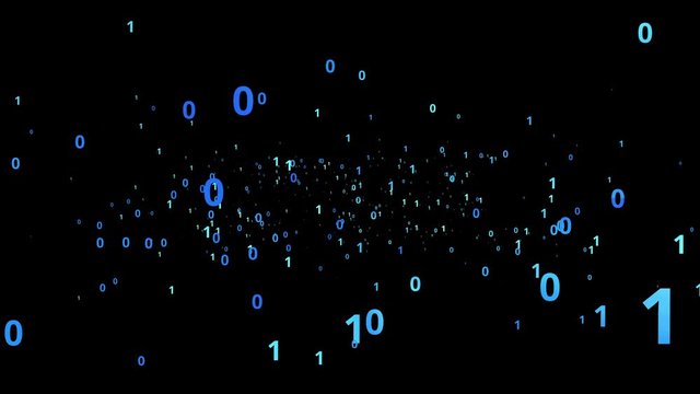 Abstract futuristic digital background. Array of binary characters 0 and 1 moves forward towards the camera. Matrix digit stream. Technology 4K footage