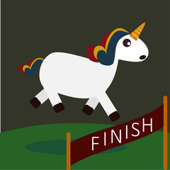 Unicorn cartoon illustration running towards the finish line