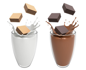 Vanilla and Dark Wafer chocolate square falling in glass match well with Milk and Chocolate splash high calcium and protein in the morning or at rest time on white background, 3D illustration.