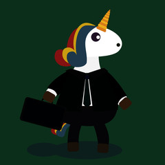 Funny Unicorn Businessman Carrying Suitcases. Vector Illustration Cartoon