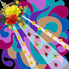 Hand-drawn seamless pattern with beautiful roses and geometric elements.  Background for printing on scarves, postcards, carpets, bandanas, napkins, home textiles, pareos, hijab, covers.